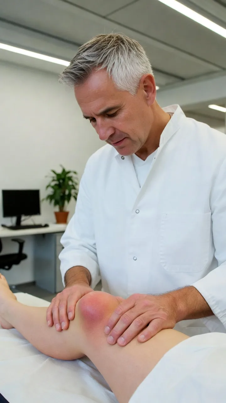 Arzt untersucht ein geschwollenes, entzündetes Kniegelenk bei der Diagnose einer Arthritis