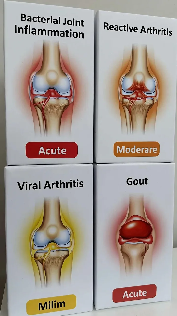 Vergleich verschiedener Gelenkentzündungsformen mit typischen Symptomen und betroffenen Gelenken