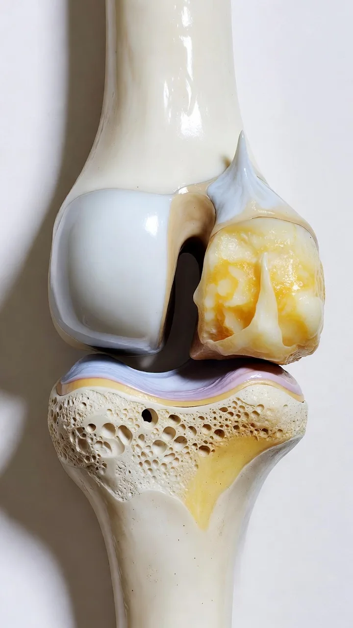 Grafische Darstellung der Entstehung von Heberden-Knötchen durch Knorpelabbau und Knochenanlagerung