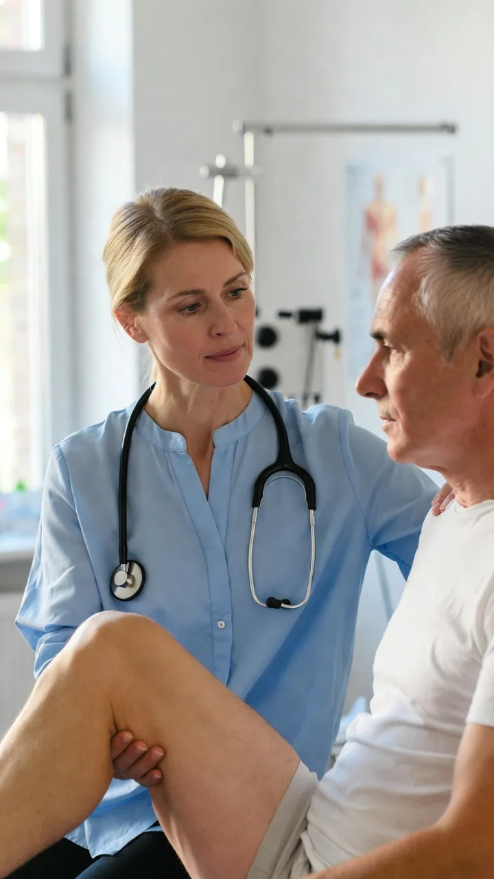 Physiotherapeutin behandelt Gelenkschmerzen an Knie und Schulter eines älteren Mannes