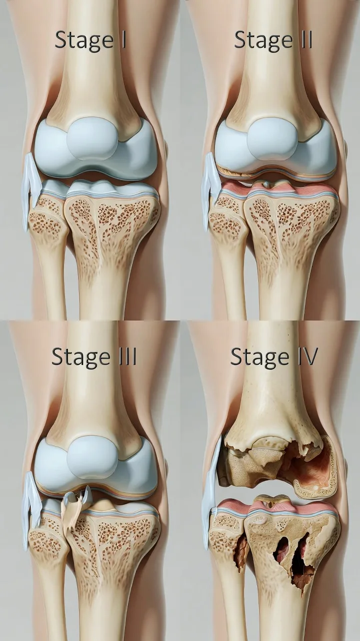 Illustration der vier Stadien der Knie-Arthrose von gesundem Knorpel bis zum vollständigen Knorpelverlust