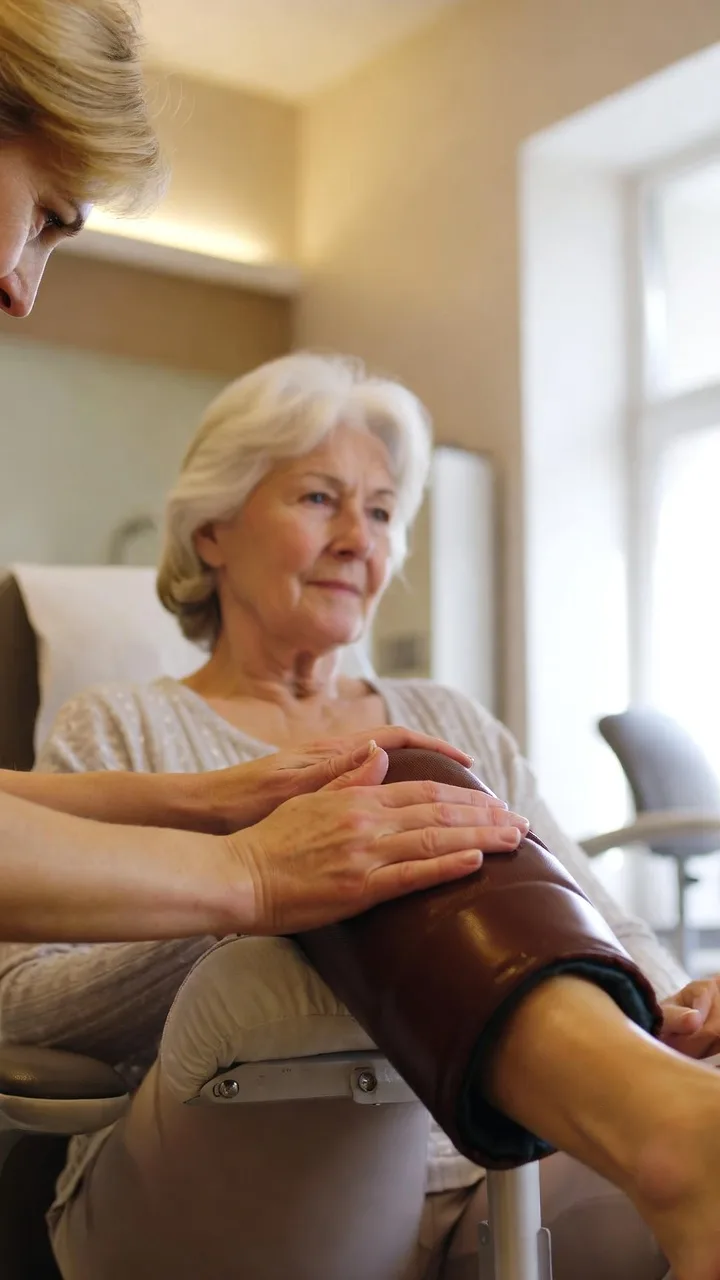 Ältere Frau mit Knie-Arthrose bei der Physiotherapie mit Wärmebehandlung und Übungen