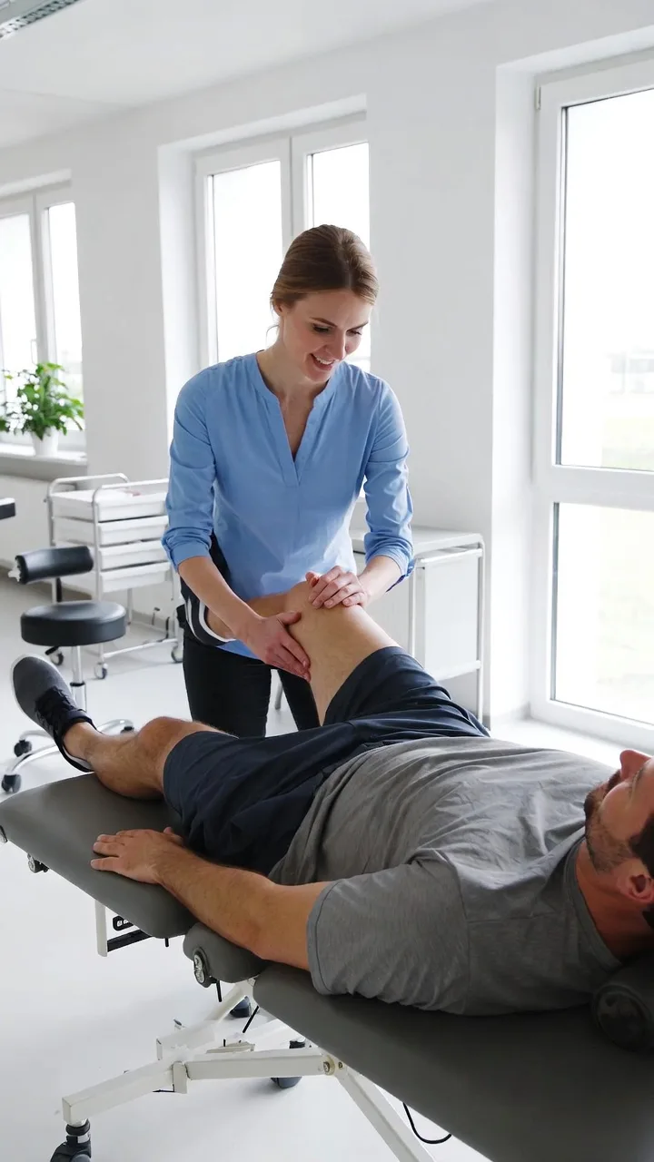 Physiotherapeutin führt Kniestabilisierungsübungen bei einem Patienten mit Knieschmerzen durch