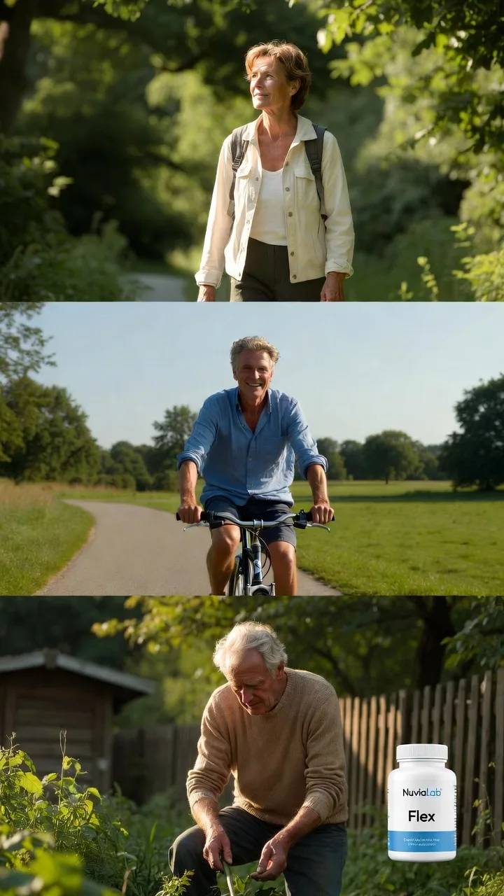 Zufriedener NuviaLab Flex Anwender hält das Präparat und zeigt auf seine Knie – Erfahrungsbericht