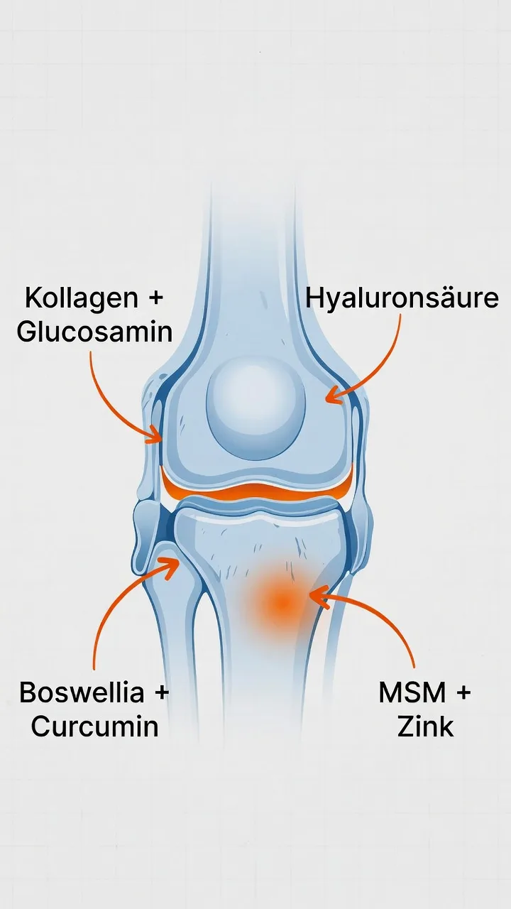 Schema der vier Wirkmechanismen von NuviaLab Flex: Knorpelaufbau, Entzündungshemmung, Schmerzreduktion, Gelenkschmierung